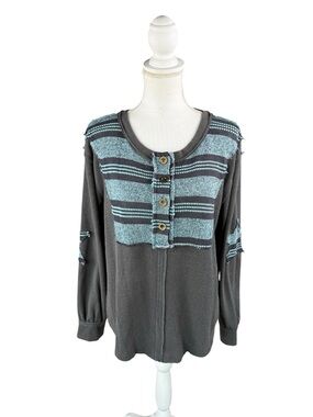 POL Mixed Media Waffle Knit Top Charcoal Grey Teal Blue